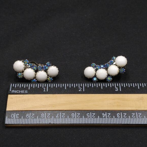 Weiss Aurora Borealis Blue Rhinestone Clip Earrings, White Milk Glass Cabochons - Picture 7 of 10